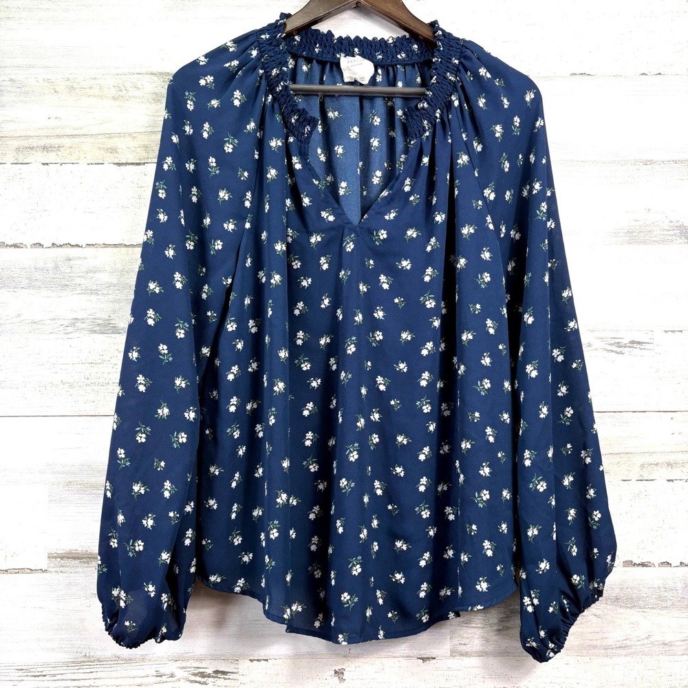 Harper Heritage Floral Blouse Size XL Navy Blue Smocked Neck Peasant Cottagecore